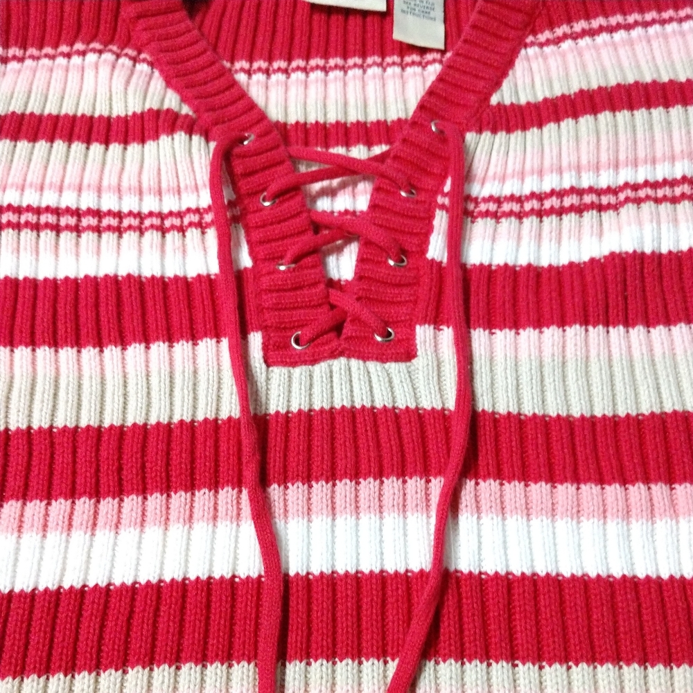 Red White Striped Sweater Lace Up Neckline Size Small Chest 32" - Picture 2 of 4